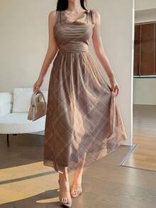 DAZY Women's Elegant Plaid Draped Neck Waist Cinched Long Dress, Summer Sundress - Khaki - View 4