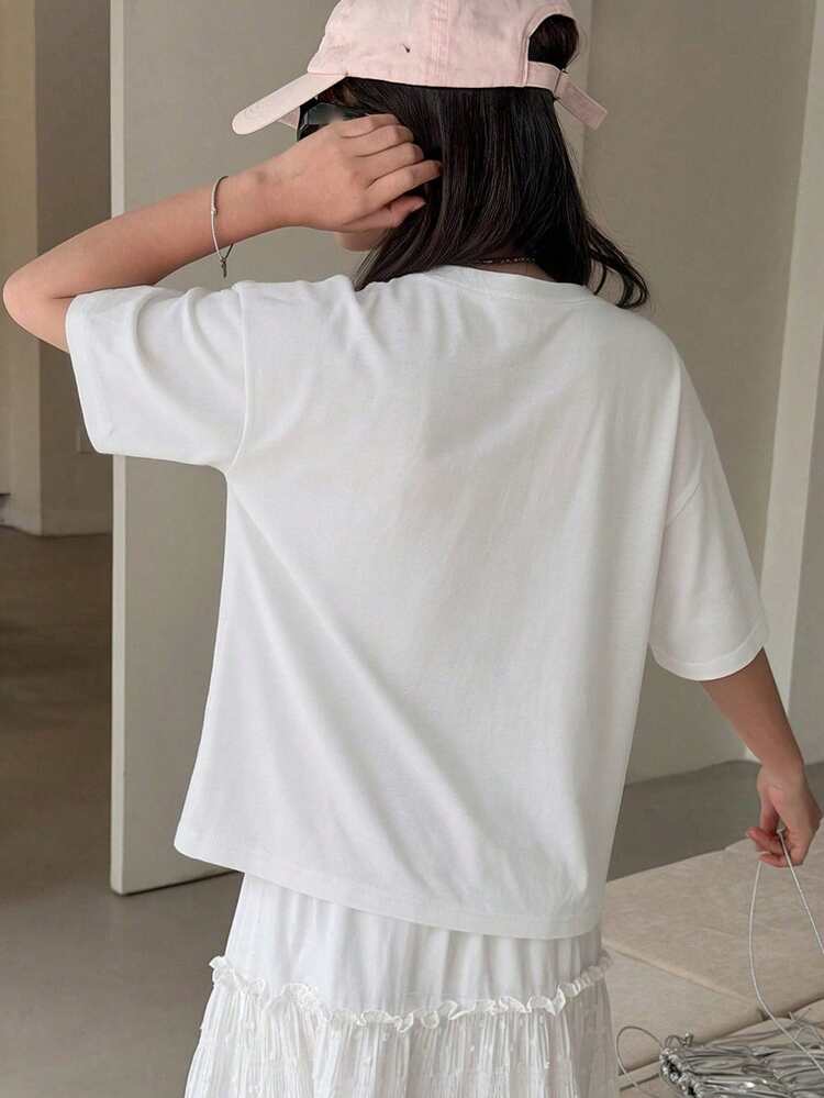 Tween Girls' Casual Bowknot & Letter Rhinestone Embellished Short Sleeve T-Shirt, Summer