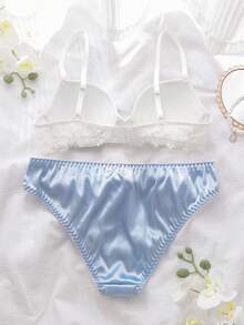 DelicateAllure Bộ 2 món gồm áo ngực và quần lót ren màu xanh nhạt, có gọng, nâng đỡ tốt, tạo dáng và ôm sát, nội y nữ thanh lịch và duyên dáng. - Màu xanh nhạt - Xem 2