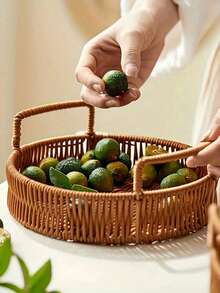 1/3 Sets Of Imitation Rattan Woven Trays, Picnic Fruit Zero Food Basket, Double Ear Rattan Woven Basket, Wooden Handle Decorated Willow Tray, Convenient For Holding Cookies, Snacks, Fruits, Home Decoration, Party Decoration, Storage Rack Basket - Multicolor - View 2