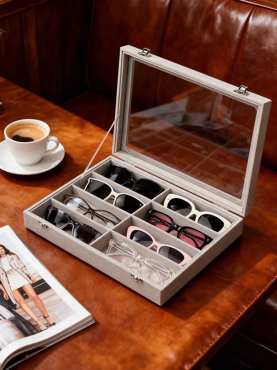 Fashion Glasses Storage Box, Beige Velvet Glasses Tray - Glasses, Watch, And Jewelry Display Box - Unisex (8 Compartments), 8-Compartment Velvet Fashion Glasses And Jewelry Storage Tray, Polyester Fabric Glasses And Accessories - E - View 1