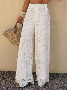 Livesso Women's Casual Vacation Style Lace Patchwork Wide Leg White Pants, Spring/Summer - White - View 6