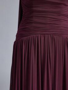 Elitara Elitara Elegant Burgundy Glossy Mesh V-Neck Ruched Super Flared A-Line Skirt (Detachable Hanging Chiffon Piece), Suitable For Dates, Singles Parties, Weddings, Events, Bridesmaid Dresses - Maroon - View 12