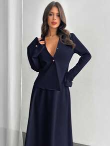 Firerie Women's Solid Color Long Sleeve Single-Breasted Jacket And Midi Skirt Elegant Suit Blazer Skirt Set - Navy Blue - View 6
