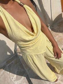 Aloruh 两件套:优雅简约混纺亚麻彩色休闲商务套装,适合春夏音乐节、复活节、圣帕特里克节、西部风、游牧风、生日派对、毕业典礼、学院风、学生装、日常穿着、休闲装、度假、邮轮旅行、海滩、日光浴、畅销款、街头风、婚礼宾客波西米亚风、通勤、早午餐、机场时尚等场合。套装包含一件不对称打结设计的棕色纹理短款上衣和一条阔腿亚麻裤。 - 黃色 - 查看 5