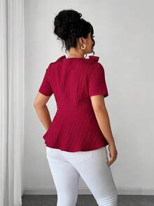 Elenzga Plus Size Women's New V-Neck Bow Design Button Front Solid Color Woven Fabric Elegant Refined Young Versatile Fitted Short Sleeve Blouse - Burgundy - View 2