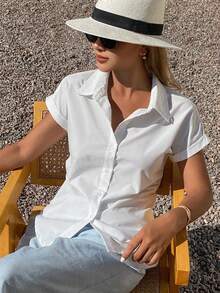 DAZY Áo kiểu nữ màu trơn, ôm eo, tay dài, phong cách thường ngày thanh lịch mùa hè. - trắng - Xem 5