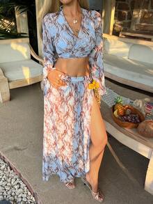 Livesso Women's 4-Piece Swimwear Set: Sexy Tropical Bikini, Cover-Up, And Printed Skirt, Suitable For Hot Spring Resort, Beach Vacation Summer Light Blue - Blue - View 4