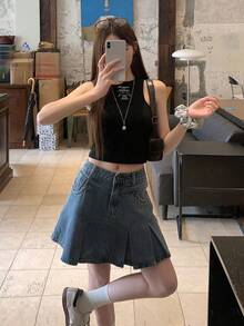 DAZY Chân váy denim ngắn nữ có túi, cài nút, xếp ly, kiểu dáng thường ngày, đa năng, thích hợp cho hẹn hò và đi chơi. - Màu xanh lam - Xem 7