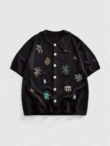ROMWE MEN Men's Single-Breasted Floral Pattern Casual Versatile Daily Wear Knit Short Sleeve Top - Multicolor - View 1