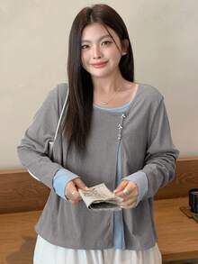 Dazy Plus Color Block Bow Decor 2 In 1 Fashion Long Sleeve T-Shirt For Plus Size Women - Grey - View 5