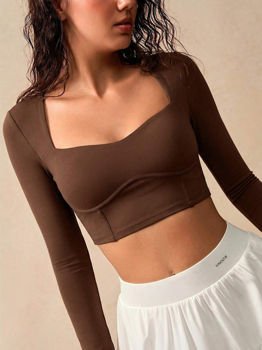 VARSIVA Camiseta deportiva corta de unicolor con almohadilla desmontable para mujer - Café integral - Ver 1