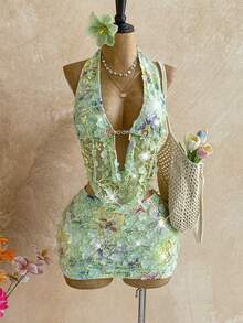 SHEIN WYWH Bộ 2 món gồm áo yếm và chân váy ngắn đính sequin lấp lánh, thích hợp cho các lễ hội âm nhạc, tiệc tùng, Tết Nguyên đán, dạ hội thường niên, Giáng sinh, Halloween. - Nhiều màu - Xem 1