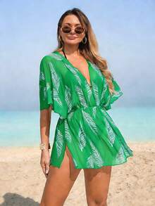 SHEIN Swim Lushore Áo khoác liền thân nữ, họa tiết lá cây dạng lưới, kiểu dáng thường ngày, thích hợp mặc ở nhà, đi biển, đi hồ bơi, mùa xuân/hè. - Màu xanh Bạc hà - Xem 3