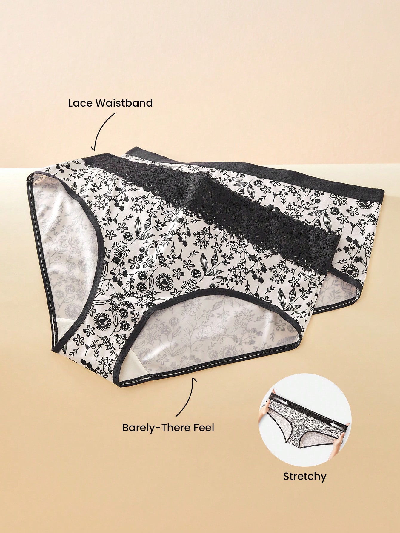 2 paquets de sous-vêtements confortables, respirants et doux à taille basse avec dentelle florale - Noir, à la mode actuelle