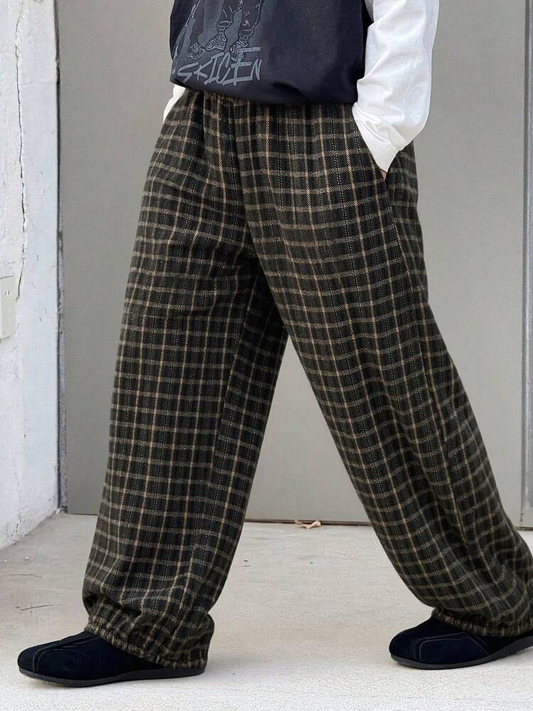Tween Boy Plaid Pocket Casual Versatile Daily Wear Wide Leg Pants