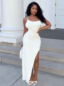 Alexandranx 女士度假针织华夫格纹理修身长裙，开衩，抽绳设计。适合派对、约会、性感、下午茶、海滩、夏季音乐节、婚礼季节 - 杏色 - 查看 3