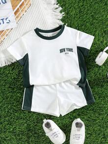SHEIN 2pcs/Set Baby Boy Cute Color Block Short Sleeve T-Shirt And Elastic Waist Shorts Set, Summer - Multicolor - View 7