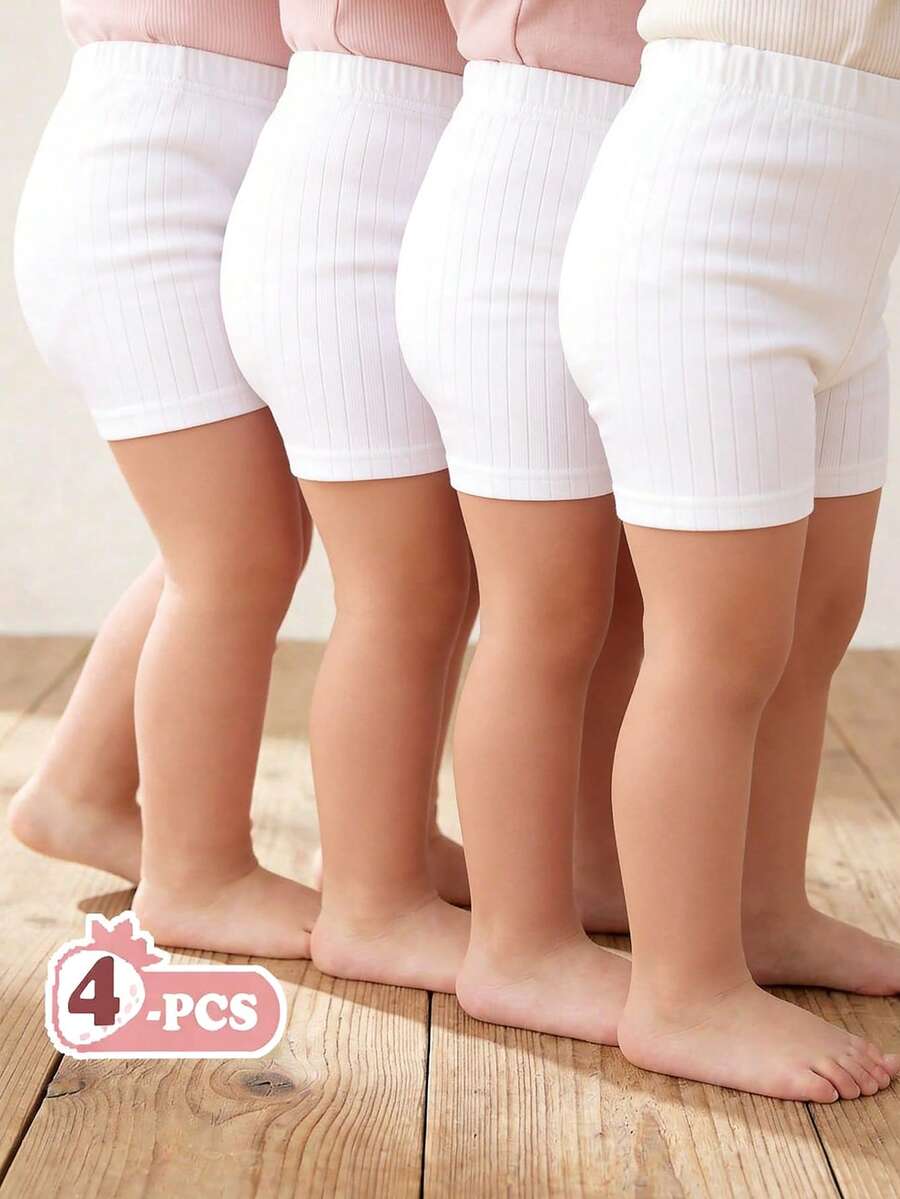 SHEIN Bộ 4 quần short dệt kim mềm mại, màu trơn, cạp chun cho bé gái sơ sinh, kiểu dáng thường ngày. - trắng - Xem 1