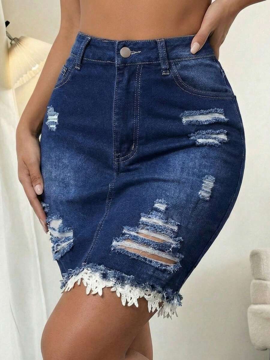 SHEIN LUNE 女士口袋纽扣做旧毛边下摆休闲百搭日常牛仔迷你裙 - 深色水洗藍 - 查看 1