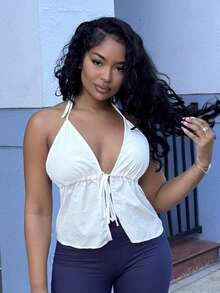 Alexandranx 女士夏季休闲 V 领露背纹理面料白色背心，适合派对、节日、约会、情人节、下午茶 - 白色 - 查看 4