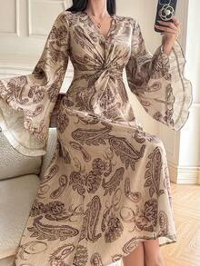 DAZY Women's Elegant Commuter Paisley Print Twist Flare Sleeve Midi Dress - Brown - View 1