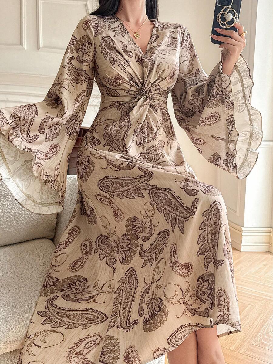 DAZY Women's Elegant Commuter Paisley Print Twist Flare Sleeve Midi Dress - Brown - View 1