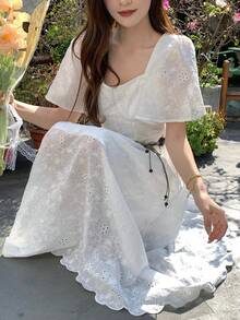 DAZY Women's Embroidered Sweetheart Neck Ruffle Hem Long Dress - White - View 5