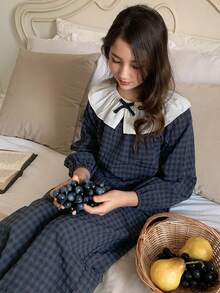 Dazy Kids 少女撞色蝴蝶结装饰格子宽松上衣和裤子睡衣套装 - 藏蓝色 - 查看 8