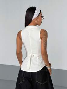 StreetHx Women's Summer Casual Button Decor Sleeveless Denim Blouse - White - View 2