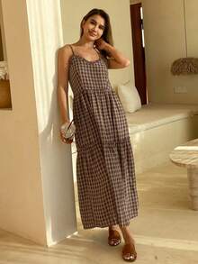 DAZY Teen GirlSpaghetti Strap Plaid Princess Dress - Brown - View 5