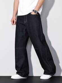 Manfinity Homme Casual Street Water-Washed Blue Straight Loose Flared Split Hem Maxi Jeans, Spring/Summer - Blue - View 1