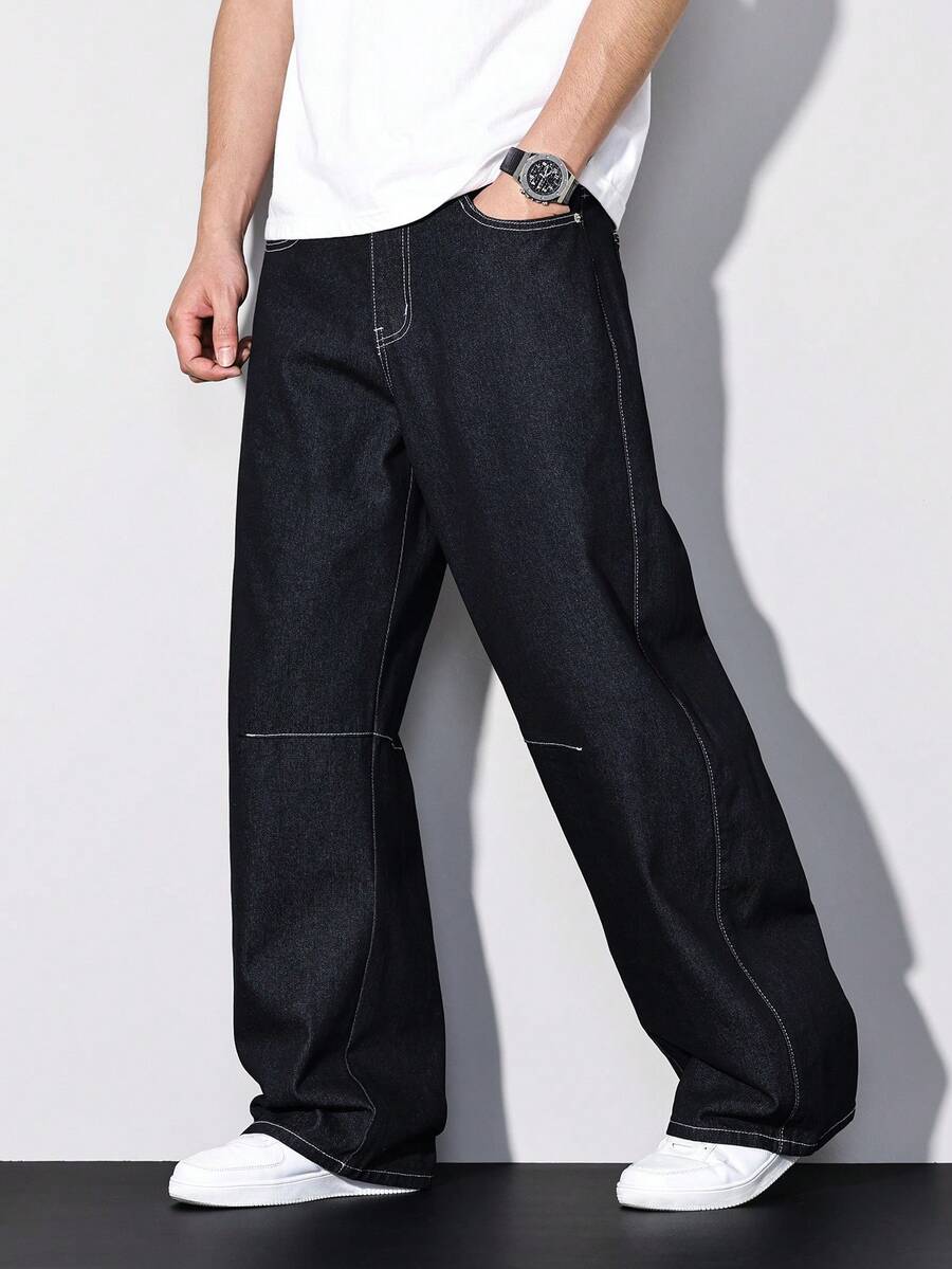 Manfinity Homme Casual Street Water-Washed Blue Straight Loose Flared Split Hem Maxi Jeans, Spring/Summer - Blue - View 1
