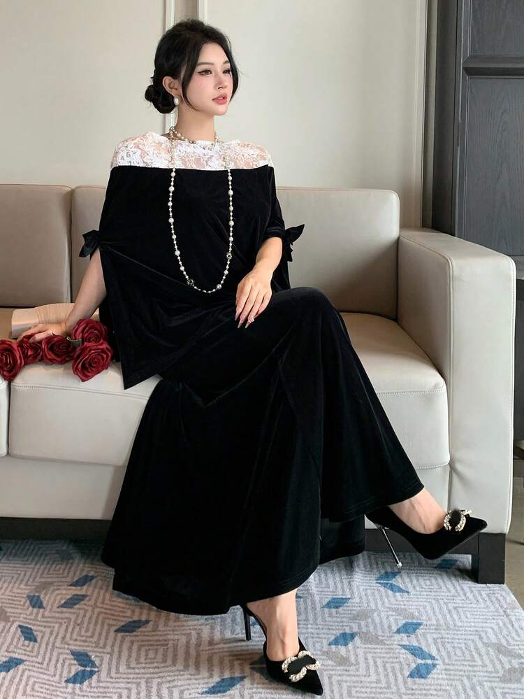Women's Colorblock Lace Patchwork Velvet Fabric Elegant Long 2 Pieces Set Summer Off The Shoulder