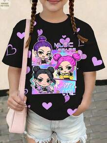 少女休闲时尚彩色韩流女团字母爱心印花黑色T恤，适合夏季外出穿着 - 黑色 - 查看 3