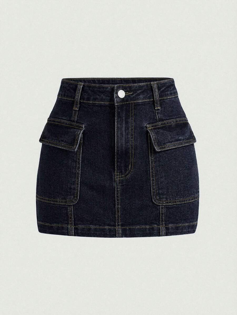 SHEIN MOD Women's Casual Washed Denim Cargo Mini Skirt, Summer - Dark Wash - View 1