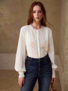 MOTF PREMIUM BLUSA DE MANGA LARGA CON BORDADO FLORAL ELEGANTE Y CASUAL PARA MUJER - Blanco - Ver 4