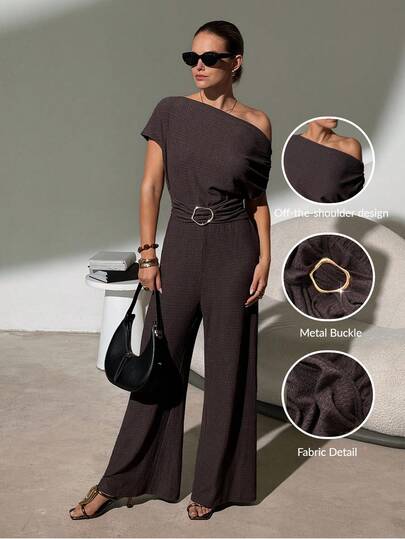 Lavishia Women's Spring/Summer Asymmetrical Shoulder Jumpsuit, Fashionable & Elegant Coffee Color Jumpsuit For Outings And Gatherings, Versatile Summer Holiday Outfits Brown Jumpsuit