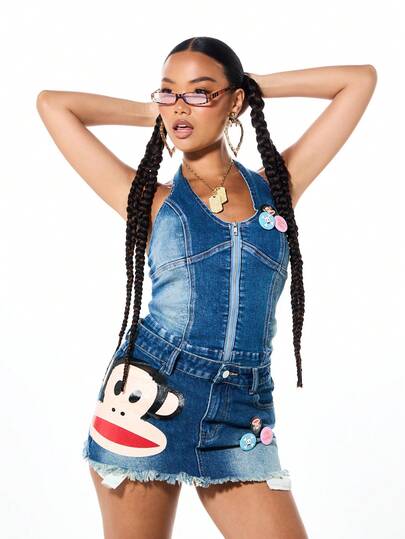 SUMWON X PAUL FRANK Women's Denim Zip Up Top With Character Print Sleeveless Corset Style Vest With Pins And Patches Vintage Wash Streetwear