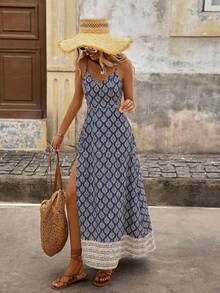 Brillora 女士度假几何印花褶皱高开衩连衣裙 - 藏蓝色 - 查看 8