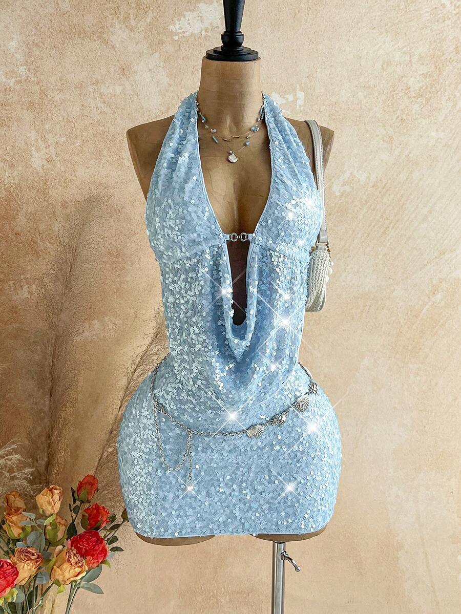 SHEIN X YERIMUA Soleia 两件套亮片流苏吊带上衣和迷你裙套装,适合音乐节、派对、中国红、年会、圣诞节、万圣节等场合。 - 藍色 - 查看 1