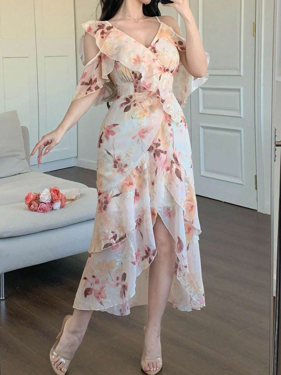 Women's Floral Print Patchwork Ruffle Trim Open Shoulder Elegant Dress Sundress Summer Boho Vacation Outfits Women