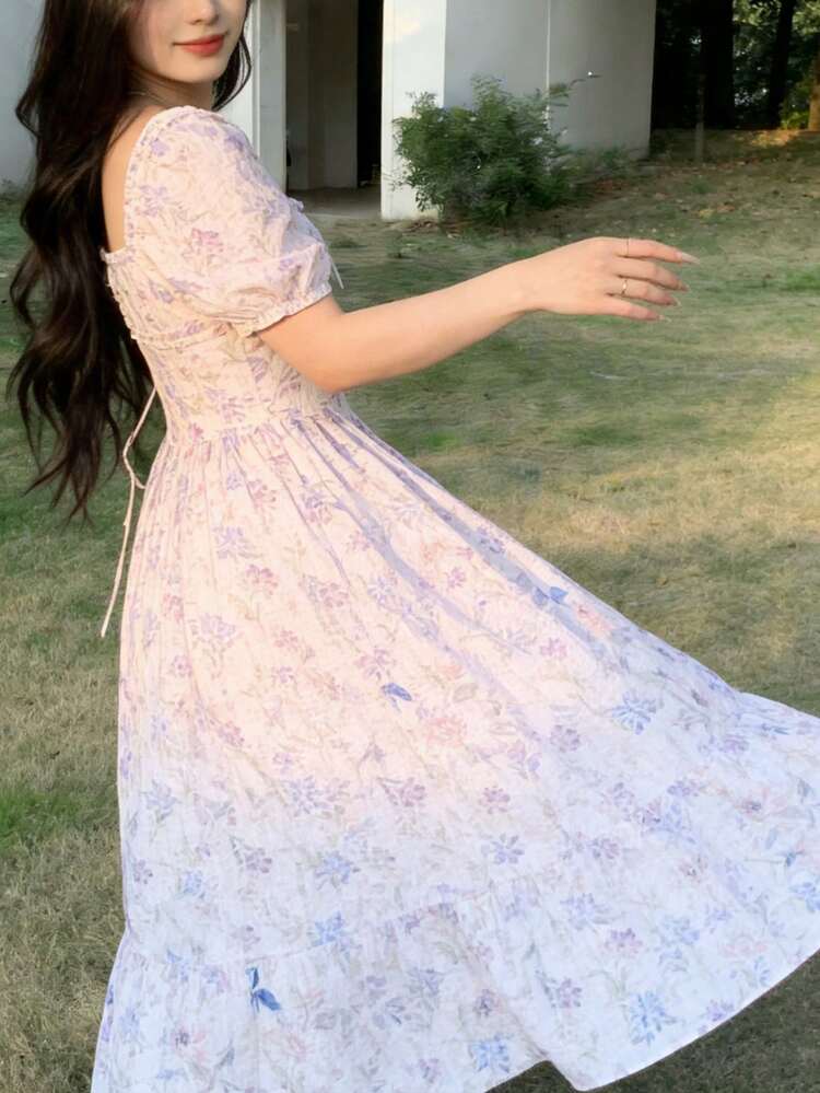 Women's Floral Print Front Tie Short Petal Sleeve Elegant Dress Maxi Dress Sundress Boho