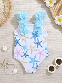 SHEIN Baby Girl Starfish Pattern Ruffle Trim One-Piece Swimsuit - Blue - View 8