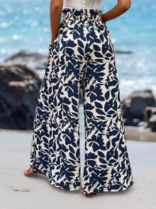 SHEIN LUNE 女士浪漫荷叶边腰带阔腿裤，夏季 - 藍色 - 查看 2