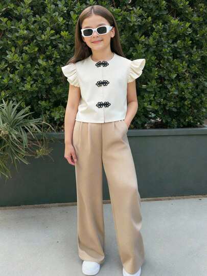 SHEIN Young Girl Woven Contrast Color Floral Button Casual Shirt Little Girls 2pc Pant Suit Young Girls Casual Outfit