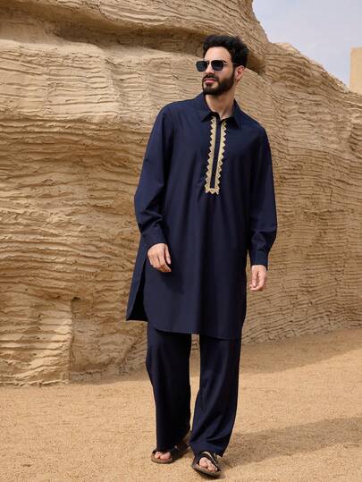 DAZY Men's Navy Blue Shirt And Pants Set, Suitable For Spring And Autumn