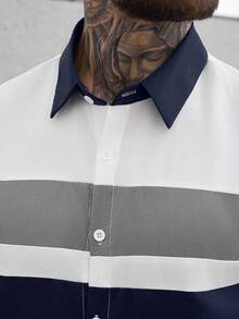 Manfinity CasualCool 男士休閒拼色條紋短袖襯衫，海軍藍與白色夏季針織正裝襯衫，街頭風老錢風城市度假風 - 彩色 - 查看 6