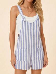 Coeurva 女士春夏度假装扮，女士休闲条纹印花无袖连体裤，带口袋，适合春夏通勤；女士夏季沙滩度假无肩带宽松白蓝条纹双口袋V领短款连体裤；女士夏季优雅装扮；柔软舒适面料连体裤，带口袋；女士夏季连体裤；女士短款套装；女士度假连体裤；女士背带裤 - 藍白色 - 查看 5