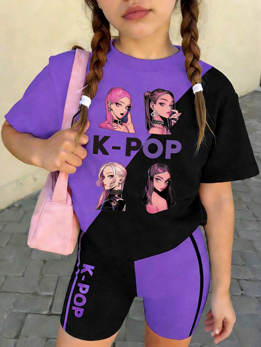 Spring And Summer Young Girl Casual Fashion Creative Personalized Refreshing Minimalist Cool Virtual Girl Group Striped Purple & Black Graphic Letter Slogan Print Casual T-Shirt And Bike Shorts Set, Comfortable Daily Wear. Cozy Summer And Fall Styles Suitable For Girls, Atmosphere-Inspired Casual And Sportswear Outfits, Sets - Multicolor - View 1